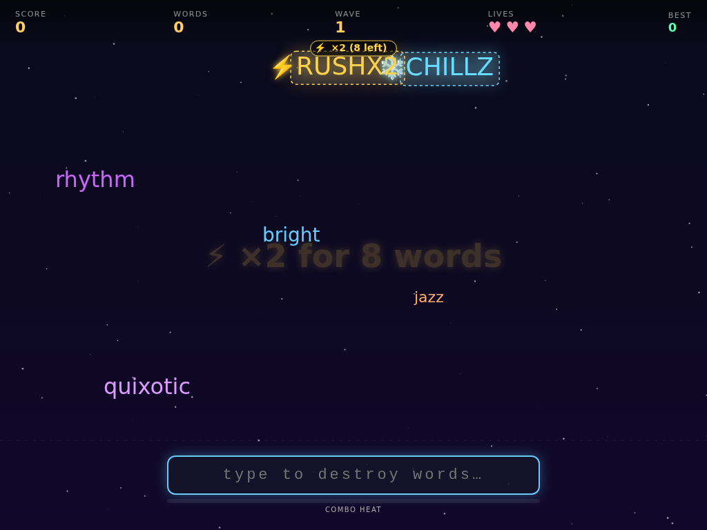 TYPEDOWN — a falling word on a starfield, HUD shows score, wave, lives