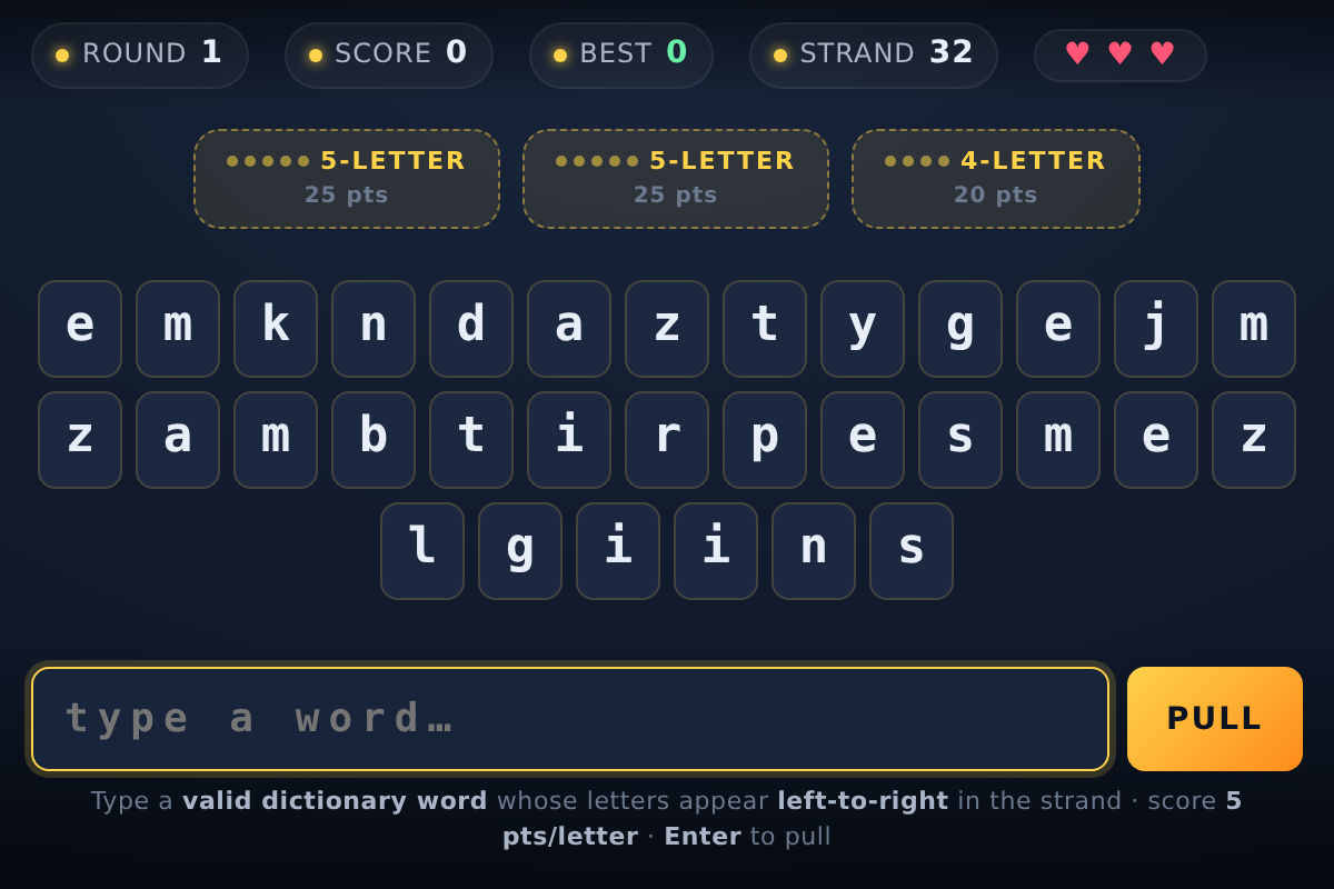 WORD KNOT — strand of letters with bonus pills above, score and 3 hearts in HUD